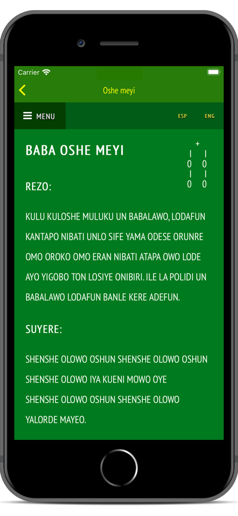 Signos Ifa - Pantalla de la aplicación Signos Ifa mostrando el rezo y el suyere para el signo Baba Oshe Meyi