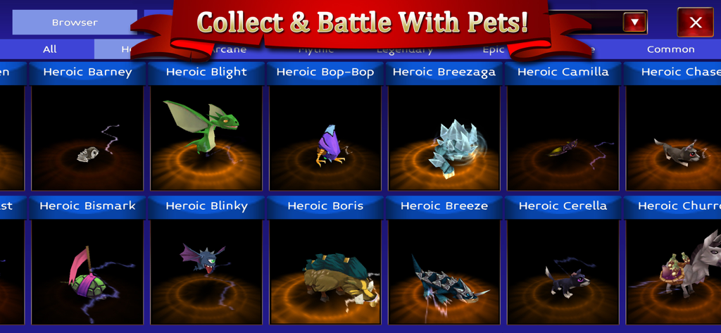 Arcane Legends MMORPG - Interface showing a variety of heroic pets to collect and battle in Arcane Legends