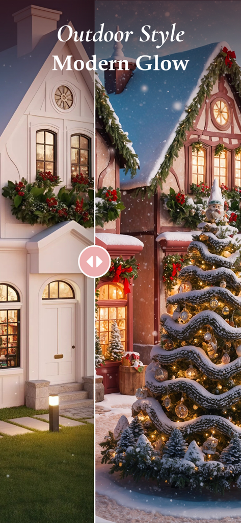 AI Design - Home Interior - Before and after comparison of a house exterior transformed with a festive winter glow style using AI