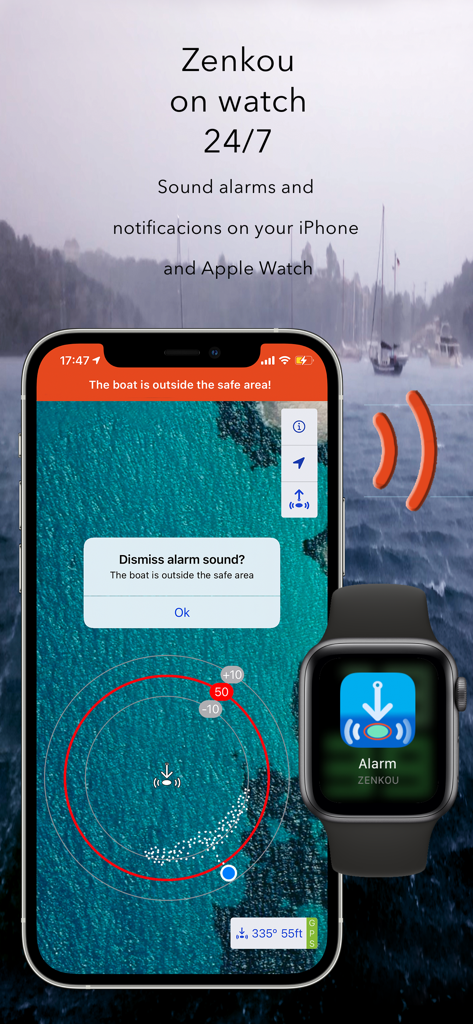 Zenkou Pro anchor alarm notification on iPhone and Apple Watch
