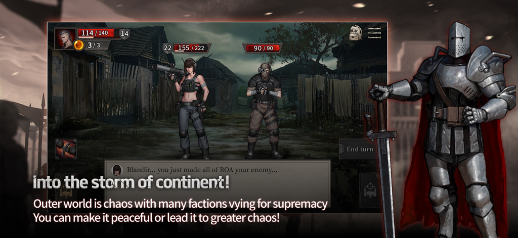 Tactical combat gameplay screen in Shambles Sons of Apocalypse showing characters and dialogue in a post-apocalyptic setting