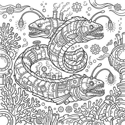 Descend into an imaginative underwater realm with our Steampunk Abyssal Worms coloring page, featuring two mechanically enhanced creatures. Adorn their intricate brass plating, sharp teeth, and steam vents amidst a fascinating deep-sea industrial landscape.