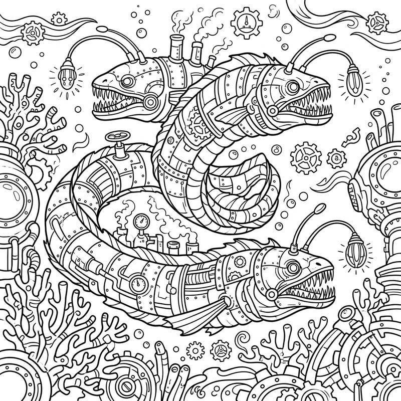Descend into an imaginative underwater realm with our Steampunk Abyssal Worms coloring page, featuring two mechanically enhanced creatures. Adorn their intricate brass plating, sharp teeth, and steam vents amidst a fascinating deep-sea industrial landscape.