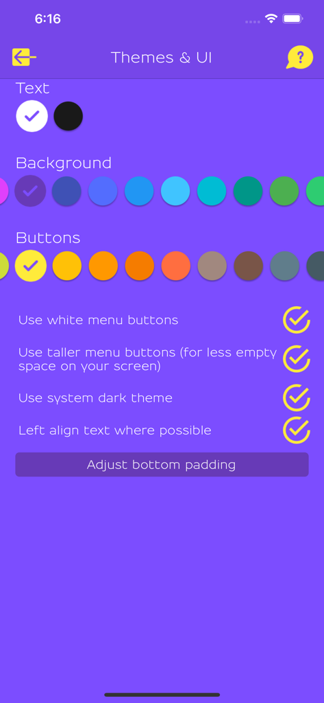 What's Up? A Mental Health App - Screenshot of the Themes and UI settings page in the Whats Up mental health app showing various color options for text background and buttons