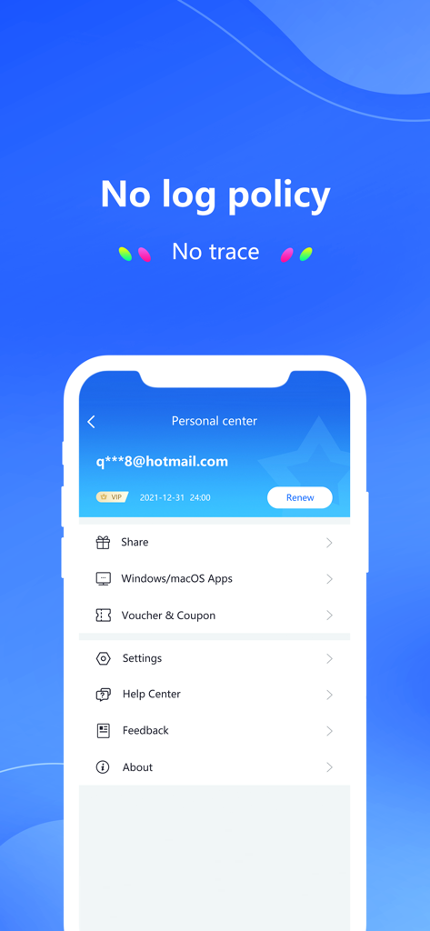 QuickQ VPN Benutzeroberfläche des persönlichen Bereichs mit Schwerpunkt auf der No-Log-Richtlinie und der Kontoverwaltung.