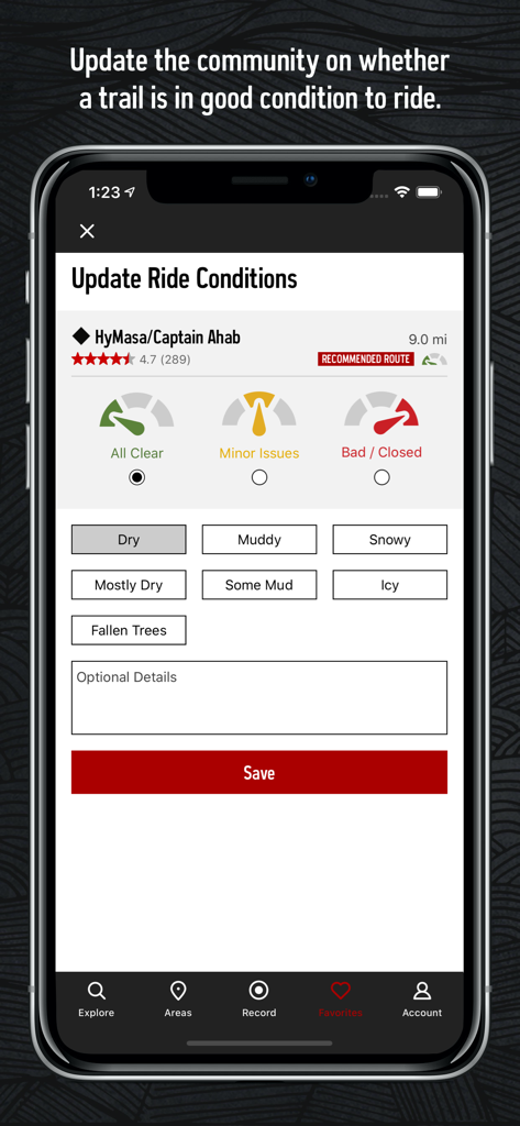 MTB Project - Interface of the MTB Project app showing the screen to update trail conditions with options for dry, muddy, or snowy terrain.