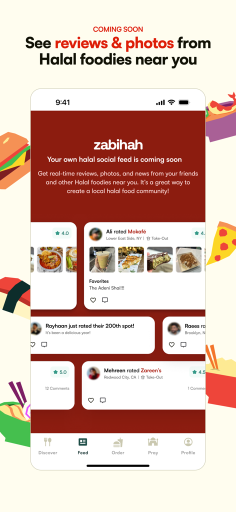Zabihah app social feed screen showing community reviews and photos of halal restaurants