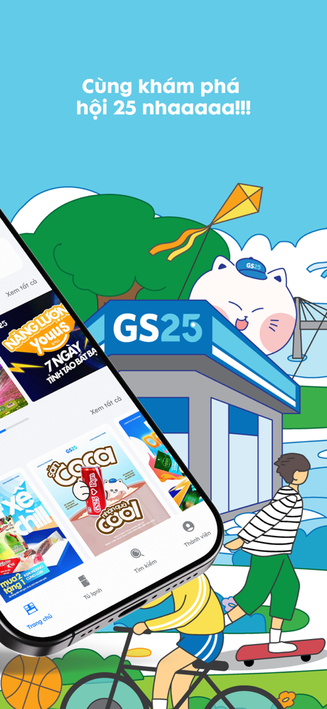 Pantalla de smartphone mostrando promociones y menú de navegación de la app GS25 VN sobre una ilustración de dibujos animados