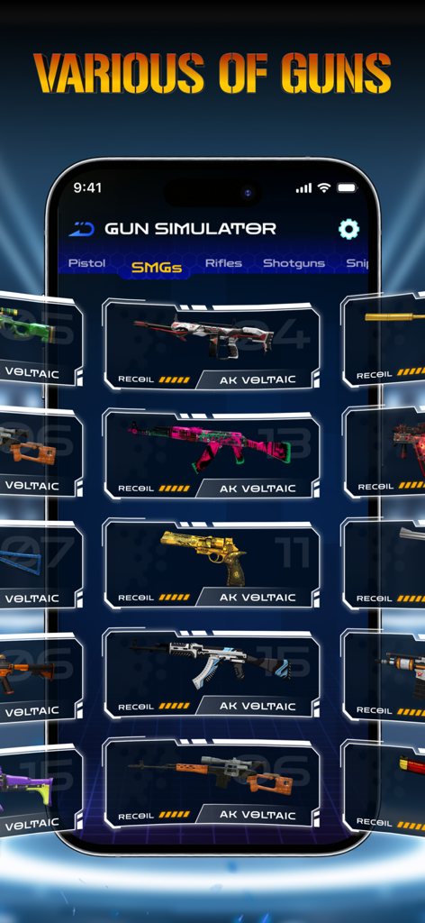 A digital armory menu displaying a variety of realistic gun skins for a sound simulator app