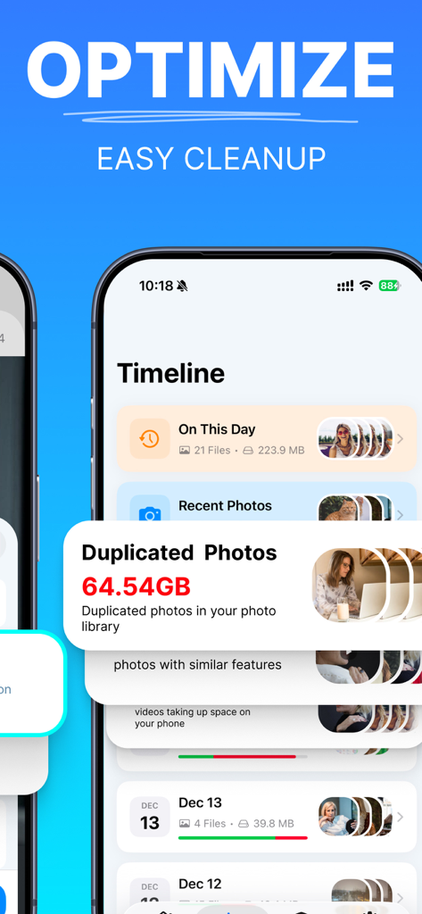 Memoria AI:Cleaner & Optimizer - Interfaz de la aplicación Memoria AI que muestra 64.54 GB de fotos duplicadas detectadas para una fácil limpieza en un iPhone