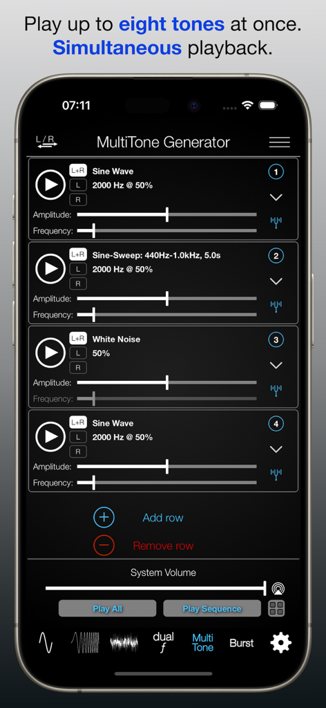 Audio Function Generator app showing the MultiTone Generator interface with multiple simultaneous sound tracks.