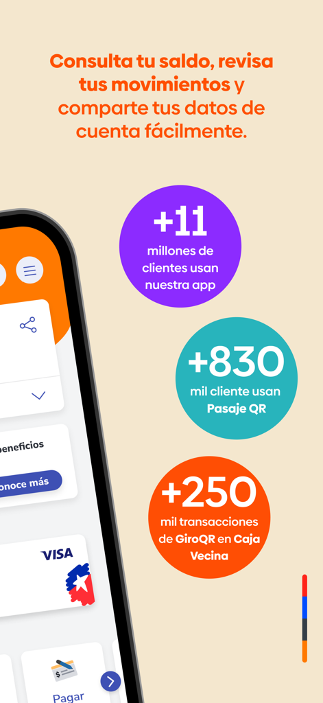A screenshot of the BancoEstado mobile app showing user statistics and account management options in Spanish.