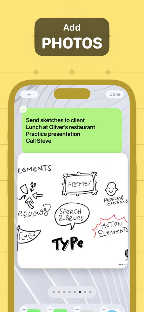 A green digital sticky note with a checklist and an attached photo of hand drawn icons and sketches