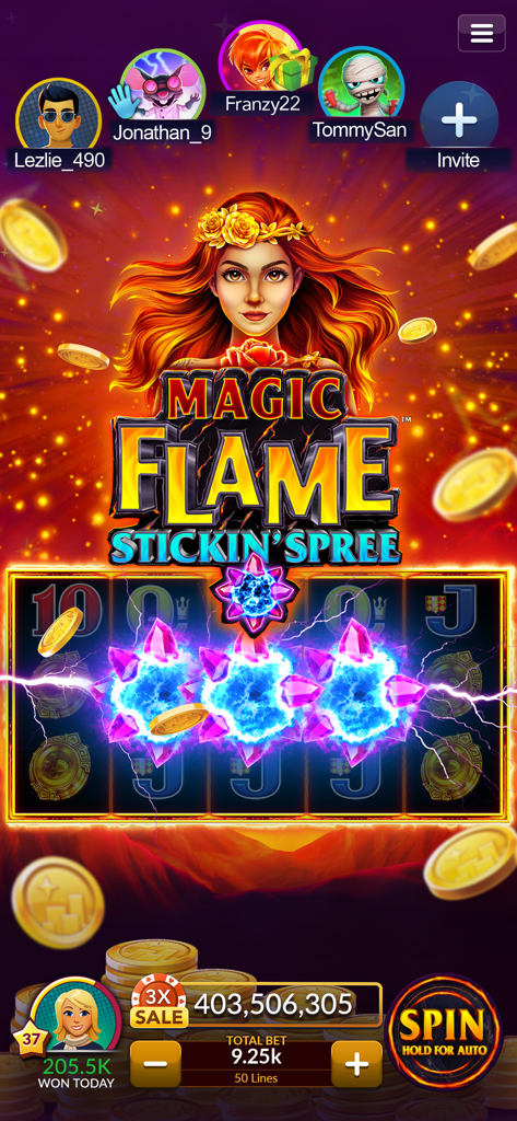 Magic Flame slot machine gameplay interface with player avatars and virtual rewards