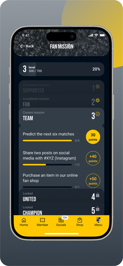 VITÓRIA SC - App Oficial - Schermata della missione del tifoso nell'app Vitoria SC che mostra sfide e ricompense