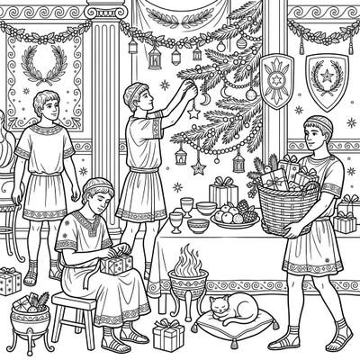 Step back in time and celebrate Christmas with this unique coloring page depicting individuals in ancient Rome. This intricate scene blends traditional Roman life with festive holiday elements, perfect for a historical coloring adventure.