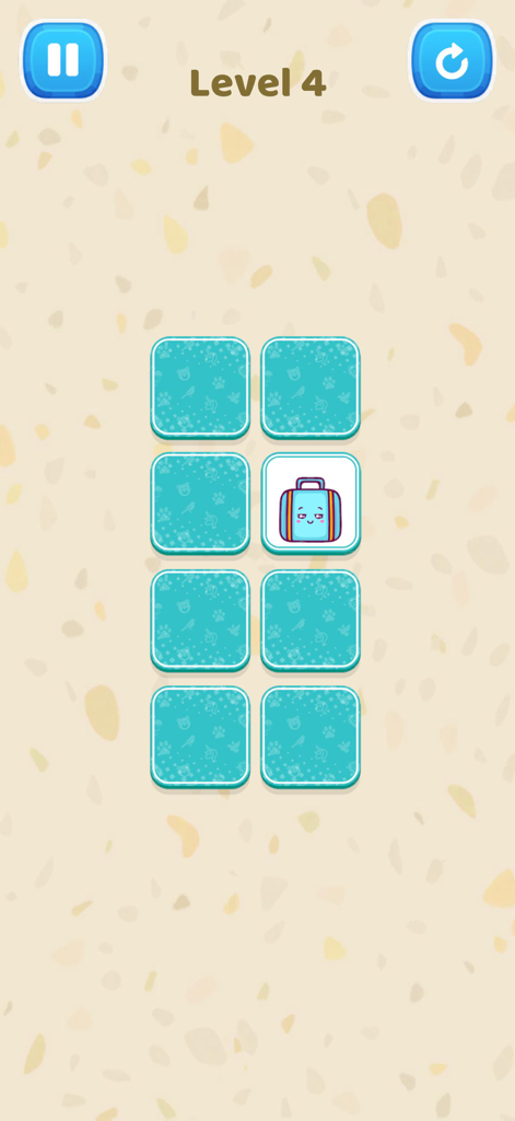 Organize ASMR: Tidy Games - A memory matching game screen from Organize ASMR showing a grid of tiles with a cute suitcase icon revealed.