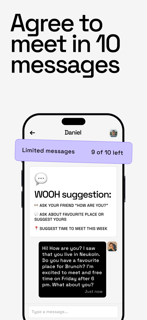 Wooh: meet new friends - Screenshot of Wooh app chat interface showing a ten message limit and meeting suggestions to encourage real life connection