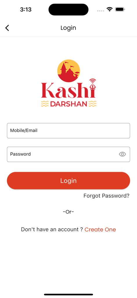 Kashi Darshan - Login screen of the Kashi Darshan mobile app for Varanasi tourism