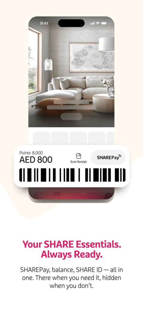 SHAREアプリ内のデジタル報酬カード、ポイントと現金残高を表示