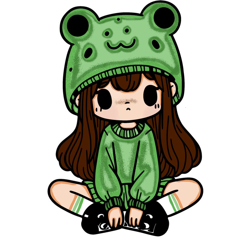 a girl wearing a frog hat and some frog socks