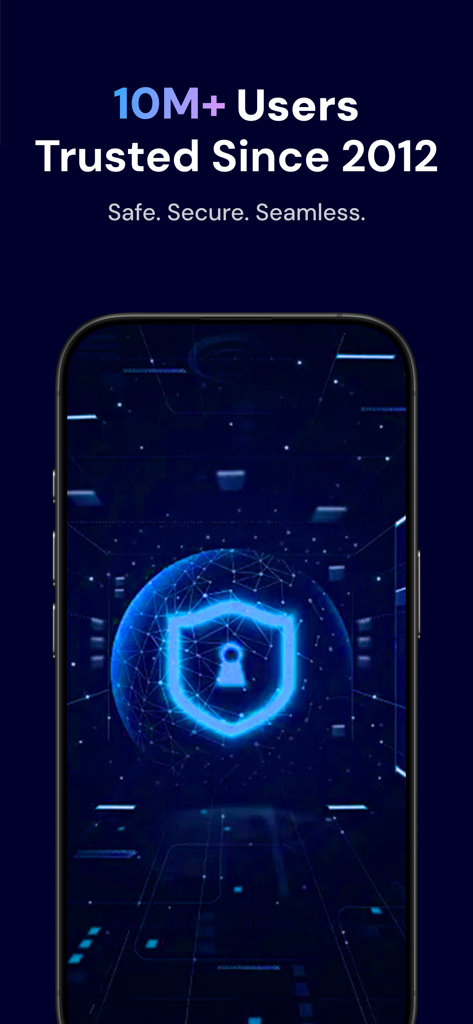 BitKan: Buy Bitcoin & Crypto - Una pantalla de marketing para la aplicación BitKan que presenta un icono de escudo de seguridad y texto que indica que 10 millones de usuarios han confiado en la plataforma desde 2012.