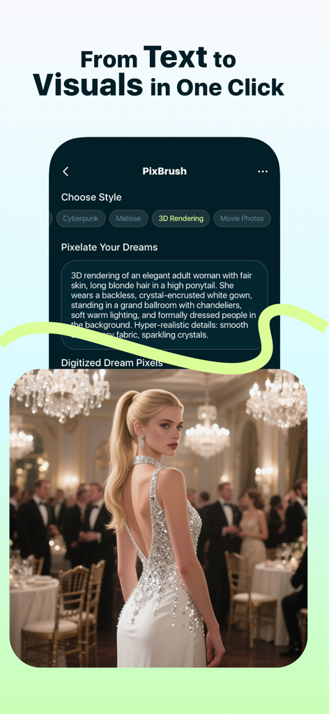 Interfaz de la aplicación Pixura que ilustra la conversión de indicaciones de texto en visuales generados por IA de alta calidad