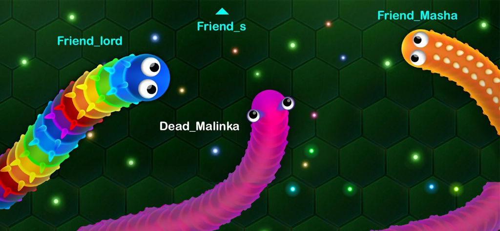 Wormax.io - Bunte Würmer mit individuellen Skins treten in einem Multiplayer-Match auf einem dunklen hexagonalen Gitter in Wormax.io gegeneinander an.