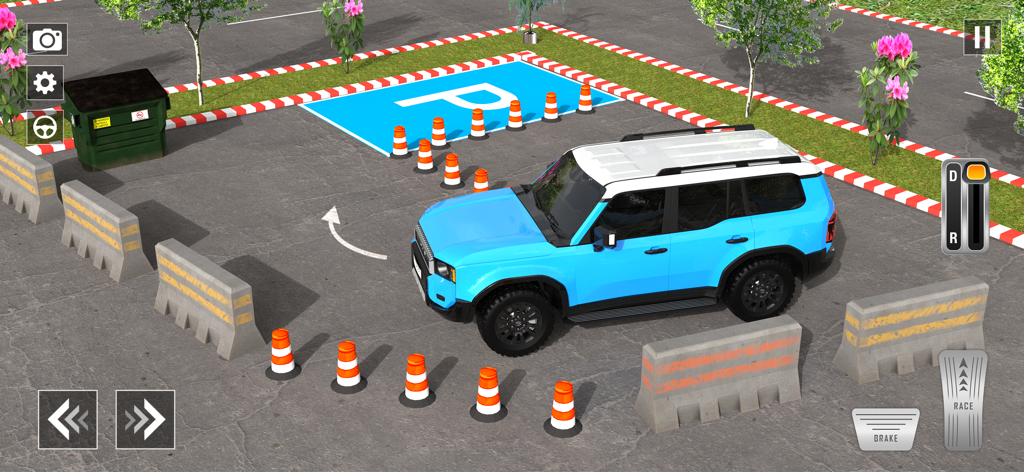 Prado Parking Game - Car Game - Top-down view of a blue luxury SUV maneuvering through orange cones and barriers in a parking simulation game.