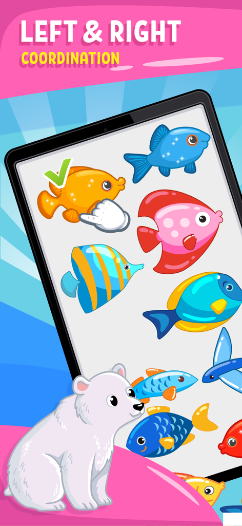 Juego de rompecabezas educativo para niños pequeños que enseña la coordinación izquierda y derecha usando peces de colores