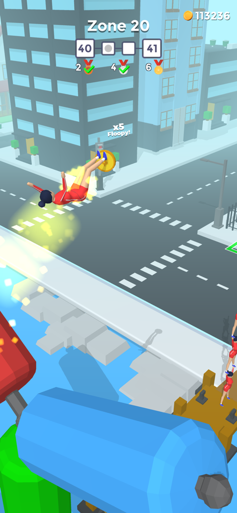 Flip Jump Stack - A character in a red tracksuit performing a mid-air flip over a city street in Flip Jump Stack