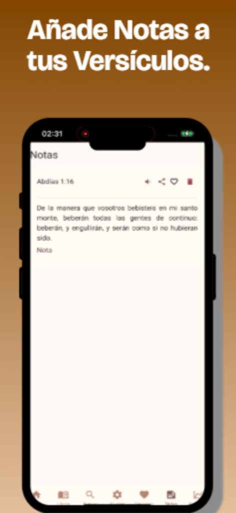 Santa Biblia + Audio - Interface of the Santa Biblia app showing a Spanish Bible verse with a text field to add personal notes.
