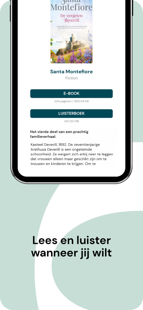 iPhone displaying the Bookchoice app interface with options to download an ebook or audiobook of a fiction novel.