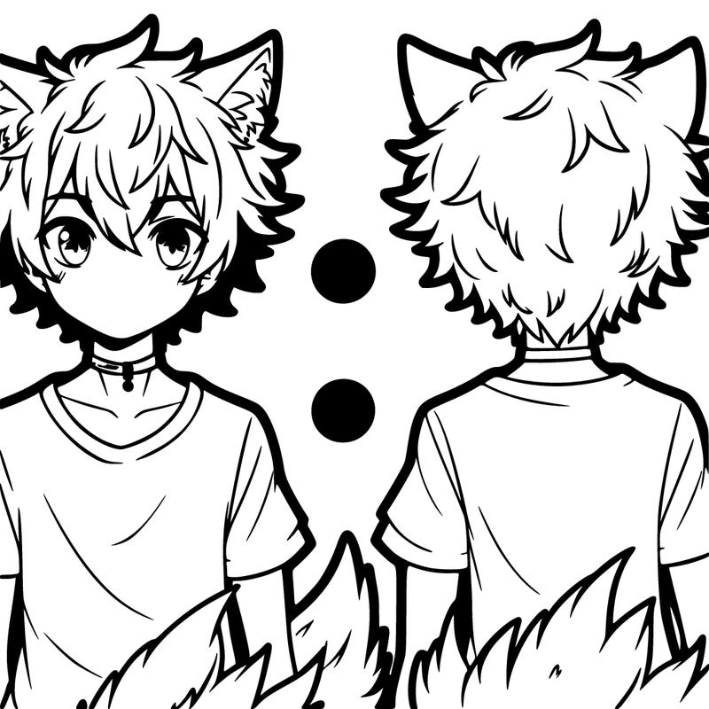 an anime boy with narrow eyes t-shirt fluffy hair and wolf ears and tail