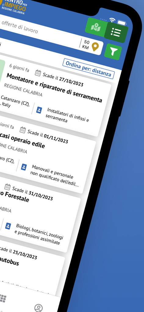 Lavoro per te Calabria - Pantalla móvil de la aplicación Lavoro per te Calabria que muestra listados de empleo en Italia