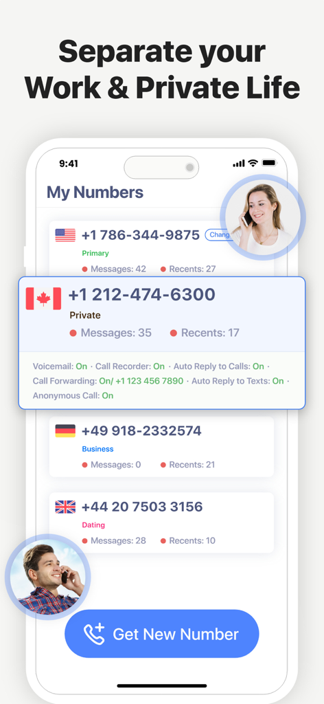Interface of the 2nd Line app displaying multiple virtual phone numbers for business private and dating use to separate work and personal life