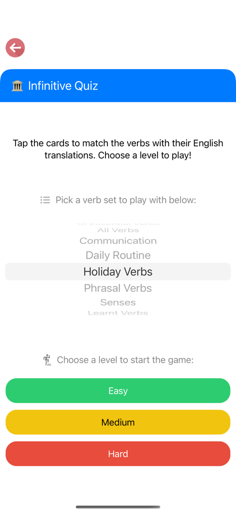 Pantalla de selección del cuestionario de infinitivos en la aplicación Dominio de Verbos Turcos con categorías y niveles de dificultad.