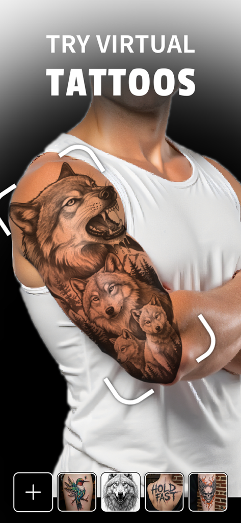 AI TattooGen - Ink Art - Un uomo che utilizza l'app AI TattooGen per provare virtualmente un design di tatuaggio a manica con lupo sul braccio utilizzando la tecnologia AR.
