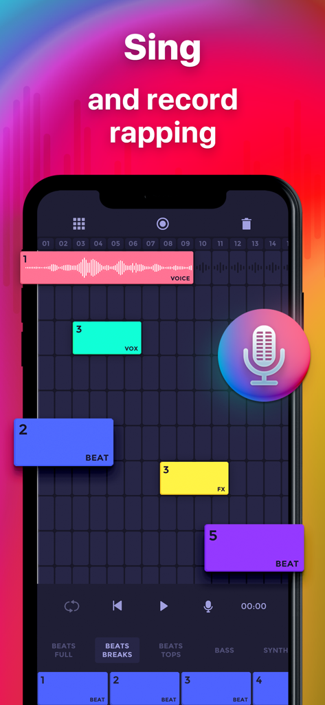 Beat Layers: Music, Beat Maker - Mobile app interface of Beat Layers showing a music production timeline with voice recording features and a microphone icon.