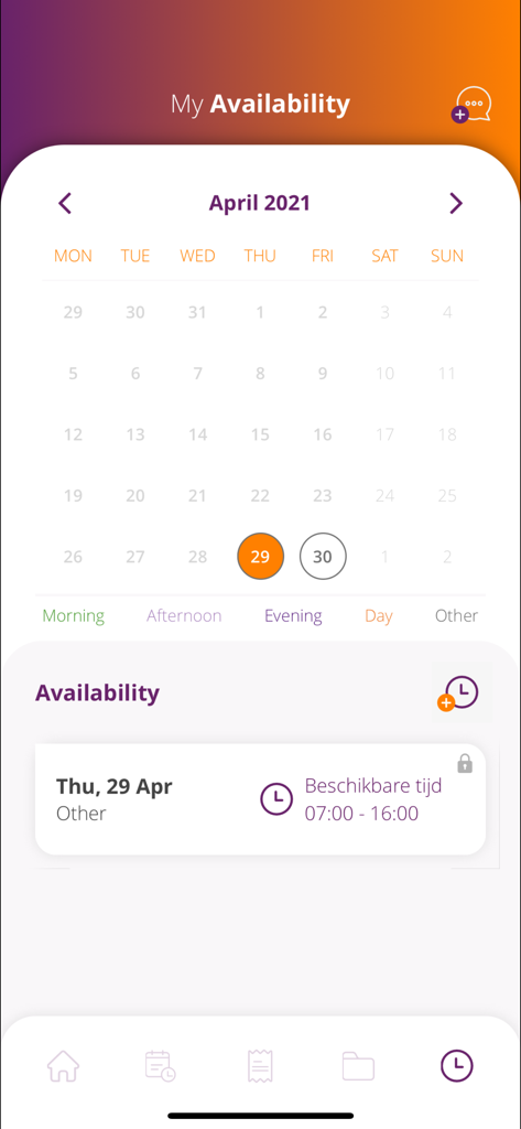 Plan4Flex mobile app interface showing work availability calendar and scheduled shift hours