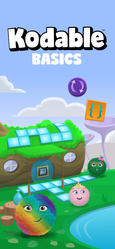 Colorful fuzzy characters in the Kodable Basics educational coding app for kids