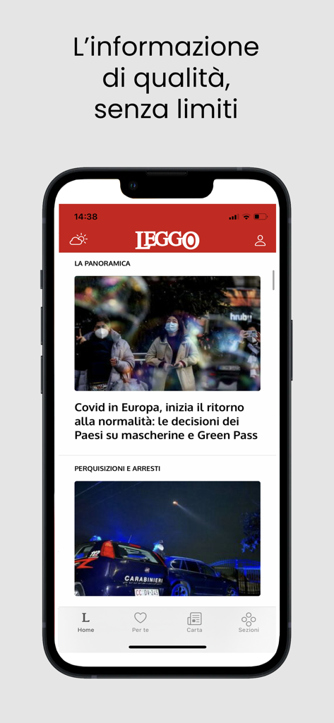 Écran d'accueil de l'application d'actualités italienne Leggo montrant les gros titres actuels.