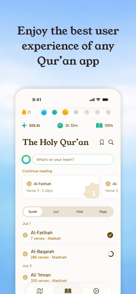 Yawm: Daily Quran Habit - Dashboard of the Yawm app showing reading progress streaks and a clean surah list interface