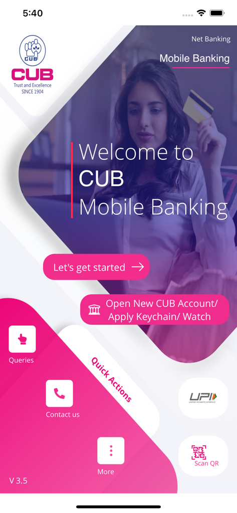 CUB MOBILE BANKING PLUS - CUB Mobile Banking Plus welcome screen with quick action buttons and login options