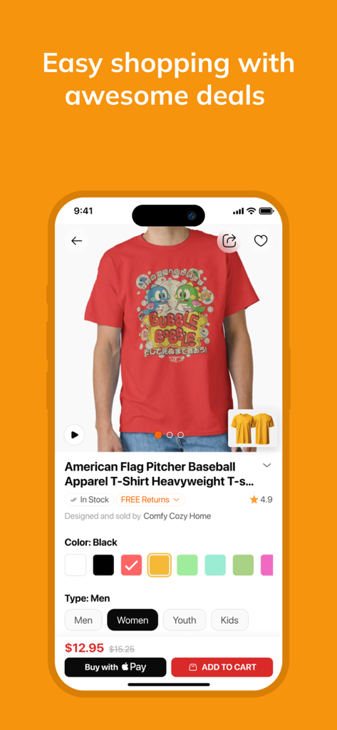 Una captura de pantalla de la app Printerval que muestra una página de producto de camiseta gráfica personalizada con opciones de color y pago