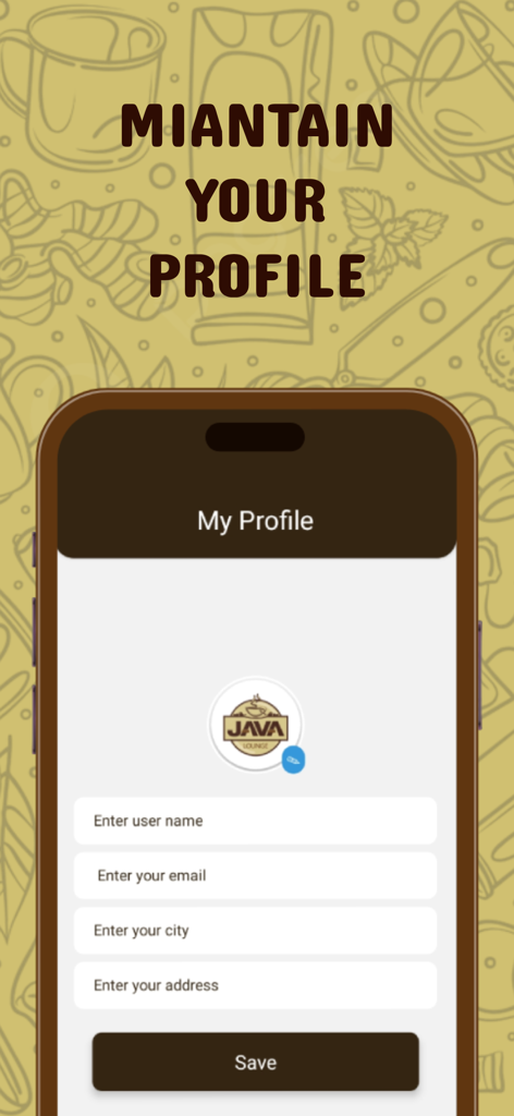 User profile screen for the Java Lounge mobile app showing fields for name, email, city, and address.