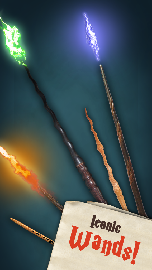 Magic Wands: Wizard Spells - A variety of magical wizard wands emitting green, purple, and orange elemental spells.