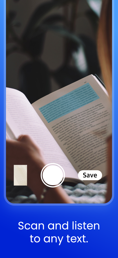 Interfaccia dello smartphone che mostra la funzione di scansione e ascolto su una pagina di libro stampata