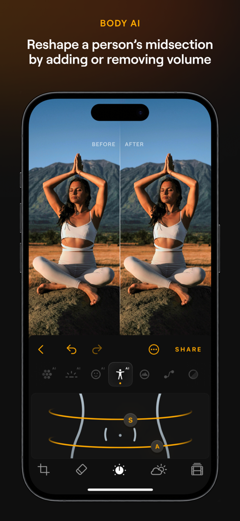 A side-by-side before and after comparison of the Body AI feature in Luminar Mobile for reshaping a person's midsection