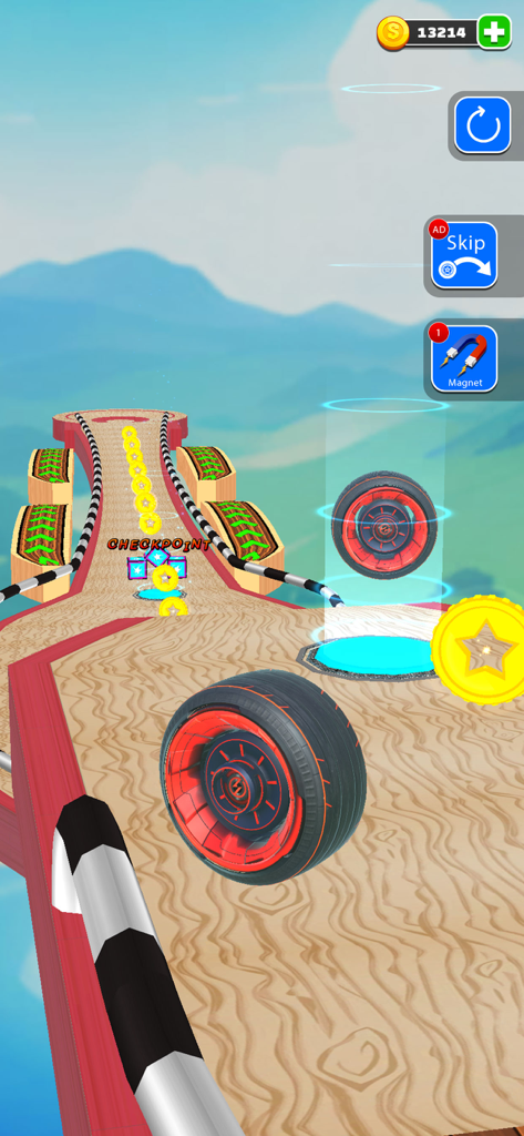 Going Tire: Merge Ball Games - Un neumático rojo rueda en una pista de madera en un entorno de cielo con monedas y un punto de control